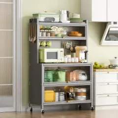 LIVAREEmlen 64" Kitchen Storage Baker's Racks with Wheels,Transparent Flap Door& DIY Hole Board,for Kitchen, Living Room and Dining Room,Gray