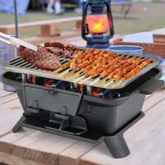 Tangkula 100% Cast Iron Charcoal Grill Portable Hibachi Grill with Grill and Grate Hooks Tabletop Japanese BBQ Grill Black
