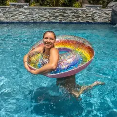 PoolCandy Inflatable Classic Large Rainbow Pool Tube Glitter Ultra Durable Sun Tan Fun Great For Pools, Lakes, And More