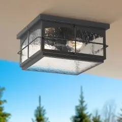 John Timberland Braylon 12" Wide Black and Hammered Glass Outdoor Ceiling Light
