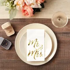 50 Pack Mr and Mrs Napkins, Disposable Wedding Dinner Napkins for Reception, Rehearsal Dinner Party, Gold Foil, 3-Ply, 4 x 8 In