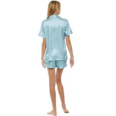 Womens Satin Pajamas Lounge Set, Silk like Short Sleeve Top and Shorts with Pockets, Chiffon Striped