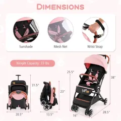 Infans Lightweight Baby Stroller Aluminium Frame w/ Net for Travel Pink