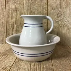 Martinez Pottery Heritage Blue Stripe Stoneware Wash Basin and Pitcher Set