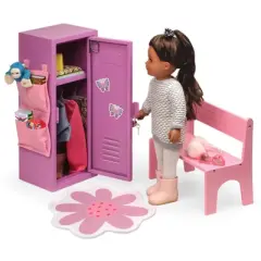 Badger Basket School Style Single Doll Locker Set with Bench, Rug and Accessories - Purple/Pink