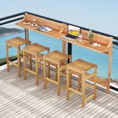 Tangkula 6 PCS Acacia Wood Balcony Table Set w/ Shelf Footrest Curved Wood Seat