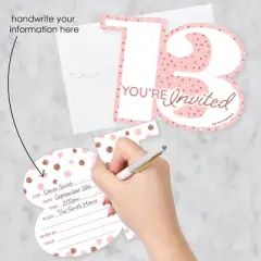 Big Dot of Happiness 13th Pink Rose Gold Birthday - Shaped Fill-In Invitations - Happy Birthday Party Invitation Cards with Envelopes - Set of 12