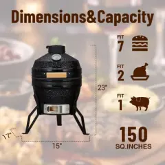 13" Portable Ceramic Charcoal Grill - Egg Design with Stand, Stainless Grate & Heat Deflectors for Outdoor Barbecue, Baking