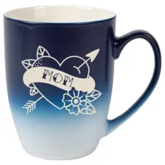 100 North Floral Heart 10 Ounce Navy Blue and White Two Toned Ombre, Comfortably Fits Your Hands, Ceramic Tea Coffee Cup Mug, Mom