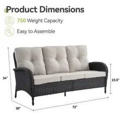 Gymojoy Outdoor 3-Seat Sofa PE Wicker Sofa Patio Sofa Couch
