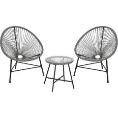 Acekool 3-Piece Acapulco Patio Bistro Set with Glass Top Table & 2 Wicker Chairs, All-Weather Outdoor Seating for Balcony and Backyard, Grey