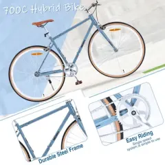 INFURNIC Bicycles Single Speed Retro 700C Road Bike with Steel Frame and Double Caliper Brakes for City Riding, Blue-gray, 64.97"*24.41"*38.52"