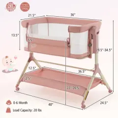 Safstar 3 in 1 Baby Bedside Bassinet w/Storage Basket, Universal Wheels, Adjustable Height, Mattress, Net & Portable Bag, Carriable Crib, Pink