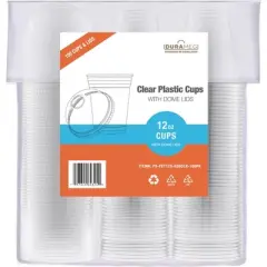 Durameg Large Party Plastic Cups with Dome Lids 12 oz 100 Count - Crystal Clear Disposable Cups