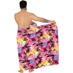 LA LEELA Men's Sarong Swim Bath Pareo Aloha Wraps One Size Pink Palm Tree