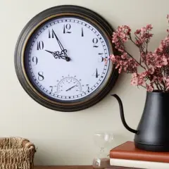 Farmlyn Creek Weatherproof Outdoor Wall Clock and Temperature Gauge Thermometer for Patios & Pools, Black, 12 in
