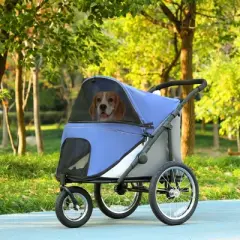 PawHut Dog Stroller, 3 Wheels Pet Stroller w/ One-Hand Fold, Rubber Wheels, Storage Bag, Soft Cushion, Safety Leash, for S & M Dogs, Blue