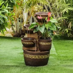 LuxenHome Brown Resin Tiered Bowls and Pot Outdoor Fountain