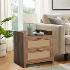 Night Stand Set of 2, Bedside Tables with Charging Station, Rattan End Tables, Boho Bed Side Tables, Wood Nightstands Set of 2 with Drawer