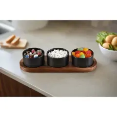 Kalmar Home Black Ceramic Condiment Set on Acacia Wood Base