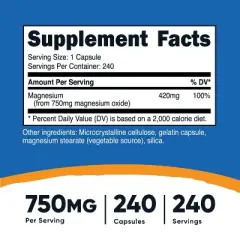 Nutricost Magnesium Oxide Capsules (240 Capsules / 750 mg Per Serving)