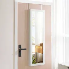 JIONJOY 6 LEDs Jewelry Cabinet Armoire Wall Door Mounted Large Organizer with Full-Length Mirror | White