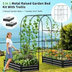 DoCred 3 in 1 Raised Garden Bed with 87in Tall Arch Trellis for Climbing Plants, Galvanized Planter Garden Box Outdoor for Gardening