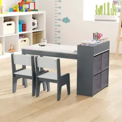 Costway Kids Art Table & Chairs Set with Paper Roll Wooden Craft Study Desk Active Play Gray/Natural
