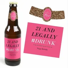 Big Dot of Happiness Finally 21 - Girl - 21st Birthday Party Decorations for Women - 6 Beer Bottle Label Stickers and 1 Carrier
