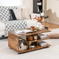 Costway Coffee Table w/ L-shaped Middle Shelf for Living Room Rustic Brown