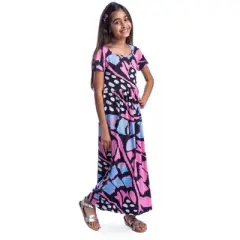 24seven Comfort Apparel Girls Butterfly Print Short Sleeve Pleated Maxi Dress