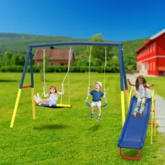 Aukfa 3 in 1 Outdoor Swing Set - 32'' Saucer Swing + Belt Swing + Slide, A-Frame Frame, Easy Install for Backyard/Patio