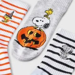 Women's Peanuts Embroidered Halloween 3pk Mid Crews Socks - White/Orange/Black