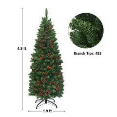 Costway 4.5Ft\6.5Ft\7.5Ft Pre-lit Hinged Pencil Christmas Tree w/Pine Cones Red Berries & 150\250\350 Lights