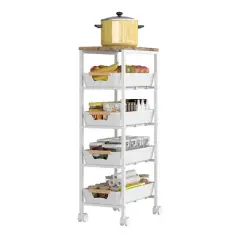 5 Tier Kitchen Rolling Carts with Wheels, Metal Slim Storage Utility Cart Mobile Shelving Unit with Wood Top Plastic Shelf for Bathroom Kitchen