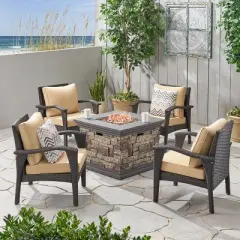 GDFStudio Barstow Outdoor Wicker 5 Piece Club Chair and Fire Pit Set with Cushions