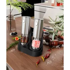 SUGIFT Electric Salt and Pepper Grinder Set - Automatic Refillable Salt and Pepper Grinders with Charging Base & LED Light