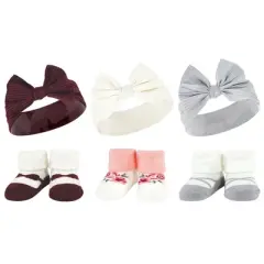 Hudson Baby Infant Girl 12Pc Headband and Socks Giftset, Burgundy Gray Pink Taupe, One Size