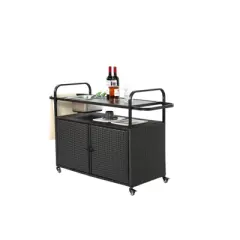 DSVIMOY Outdoor Bar Cart with Cabinet, Patio Serving Cart with 1 Ice Bucket, Lockable Wheels, Side Basket, Black, 51.57"*19.69"*35.83"