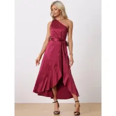 INSPIRE CHIC Women's Satin Sleeveless One Shoulder Belted Split Ruffle Evening Cocktail Dress