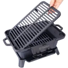 Kumasinova Portable Charcoal Tabletop Grill with Handle,100% Cast-Iron BBQ Grill with Enamel Coating,Removable Rectangular Grate Grill,Black