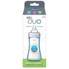 Chicco Duo Hybrid Baby Bottle with Invinci-Glass Inside/Plastic Outside with Slow Flow Anti-Colic Nipple 0 Months+ - Clear/Gray - 9oz