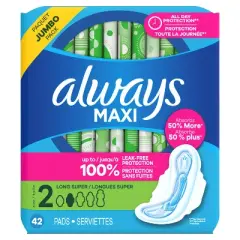 Always Maxi Pads Long Super Absorbency Unscented with Wings - Size 2 - 42ct