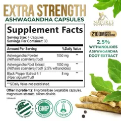 Organic Ashwagandha Capsules 2100mg Supplement w/ Black Pepper Root Powder - 60 Capsules;120 Capsules;180 Capsules