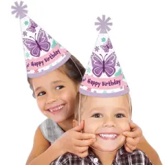 Big Dot of Happiness Beautiful Butterfly - Cone Happy Birthday Party Hats for Kids and Adults - Set of 8 (Standard Size)