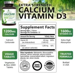 Calcium Supplement with Vitamin D - 1200 mg Calcium Carbonate with 1600 IU of D3 Vitamins - Bone Strength, Teeth - 180 Tablets By Nature's Nutrition