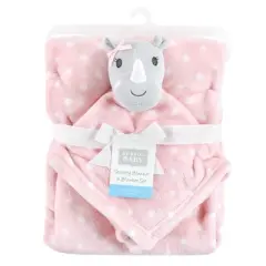Hudson Baby Infant Girl Plush Blanket with Security Blanket, Rhino, One Size