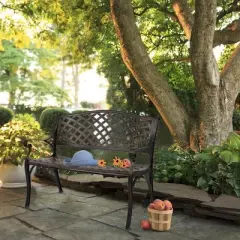 Garden Bench,Outdoor Metal Benches Iron Steel Frame Patio Bench with Mesh Pattern and Plastic Backrest Armrests