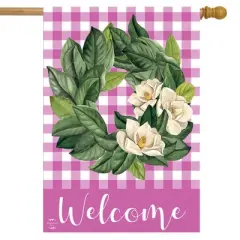 Pink Magnolia Wreath Spring Burlap House Flag 28" x 40" Briarwood Lane