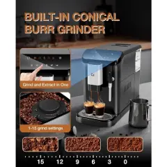 Fully Automatic 20 Bar Espresso Machine with Milk Frother, Built-In & Adjustable Espresso Bean Grinder